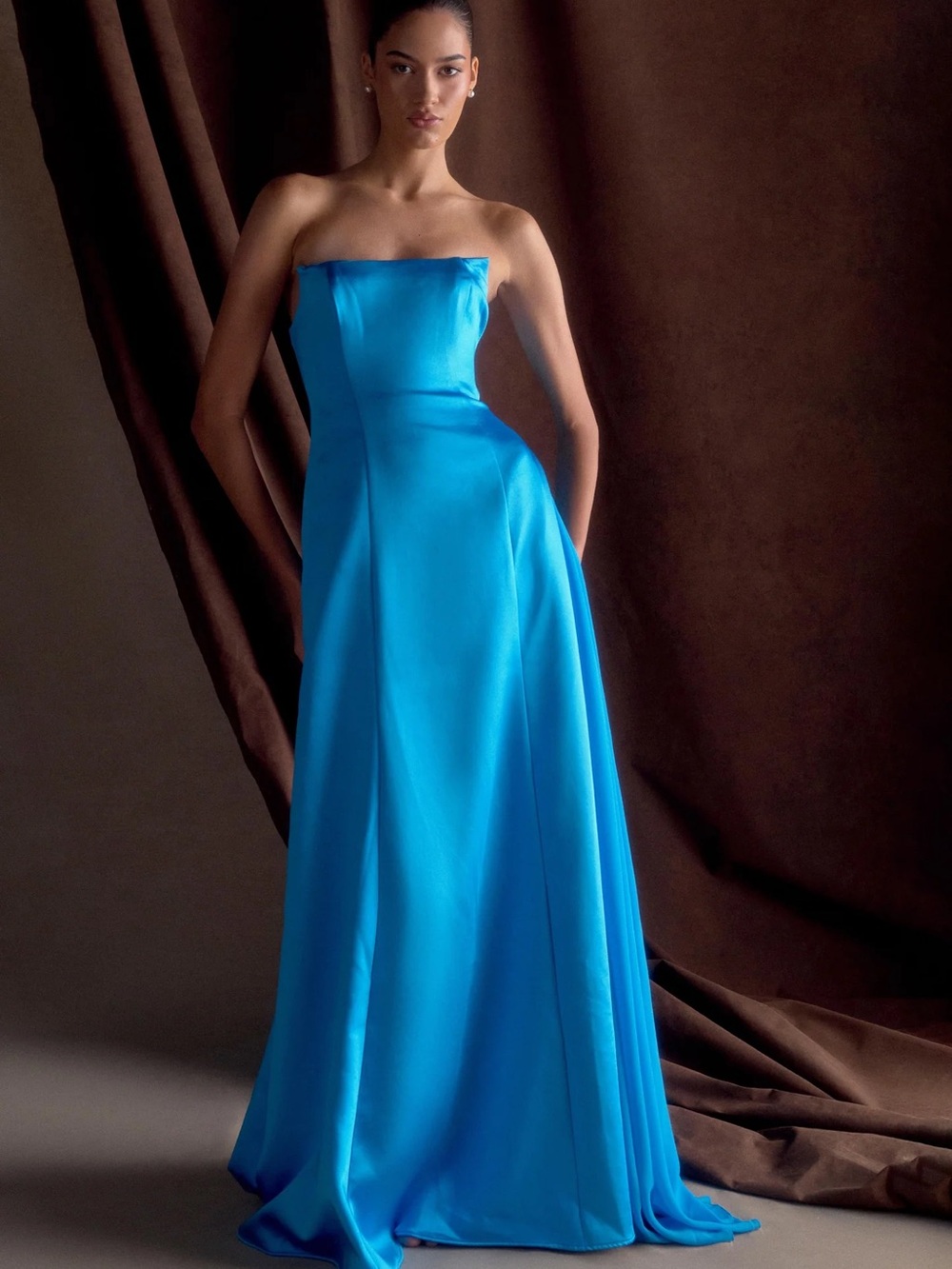 Meshki Strapless Satin Gown in Bright Blue